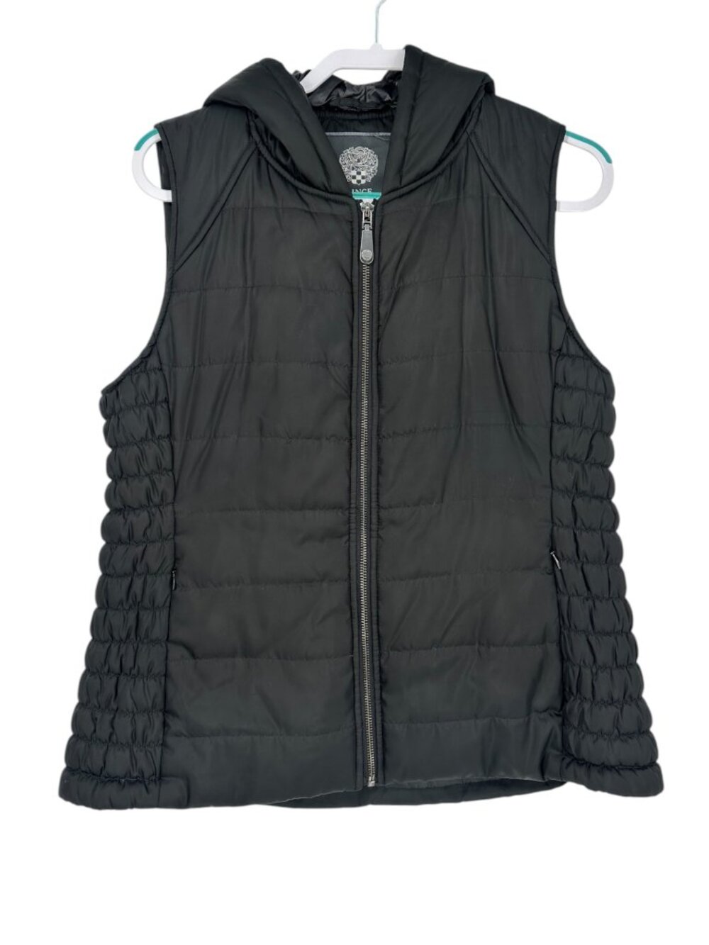 Vince Camuto Puffer Vest Large Black Hooded Quilted Zip Gorpcore Outerwear